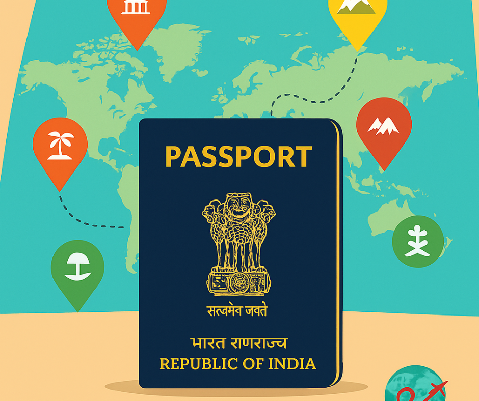 Visa Free Countries for Indian Travelers – Indian passport with world map highlighting destinations like Maldives, Thailand, Nepal, and Bhutan.